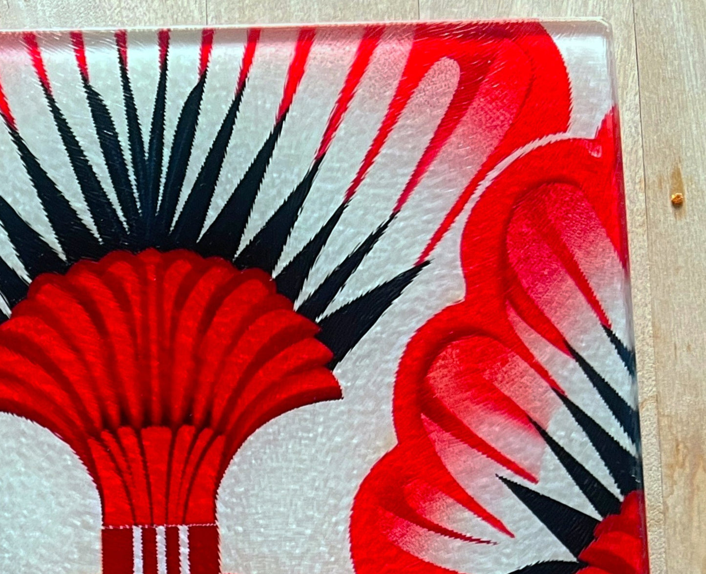 Glass Chopping Board / Serving Plate - Red Feather Fans - Jinty Designs