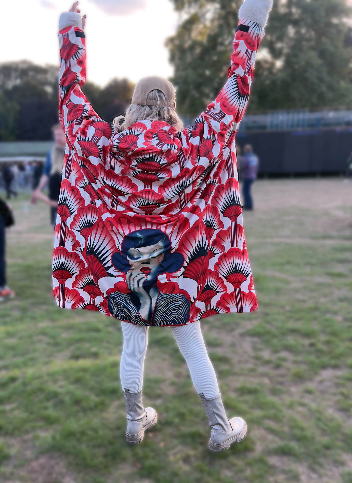 Pullover Rain Poncho, Red Feather Fans - Jinty Designs
