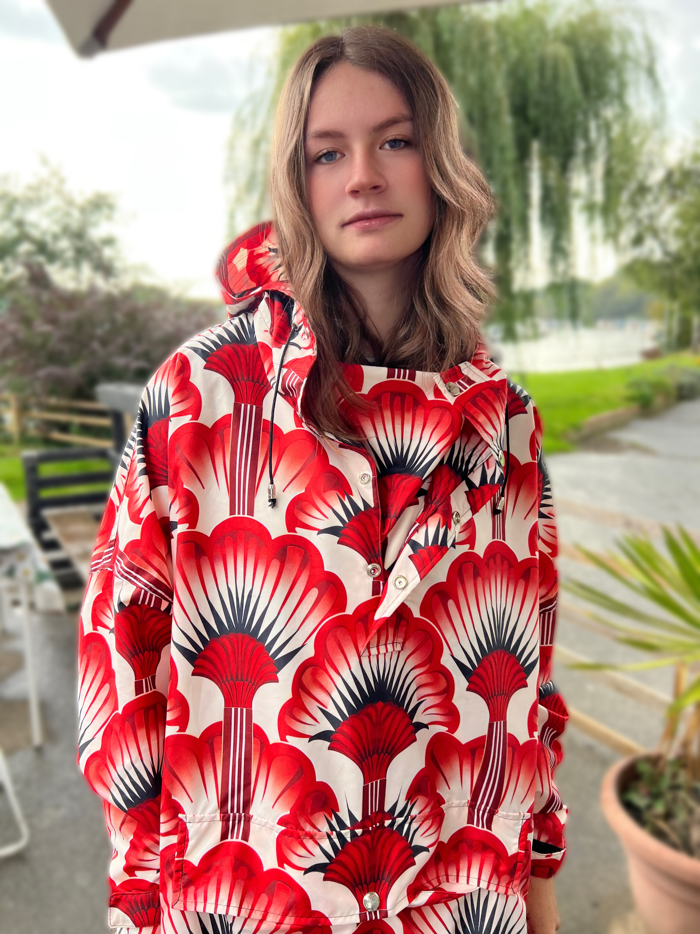 Pullover Rain Poncho, Red Feather Fans - Jinty Designs