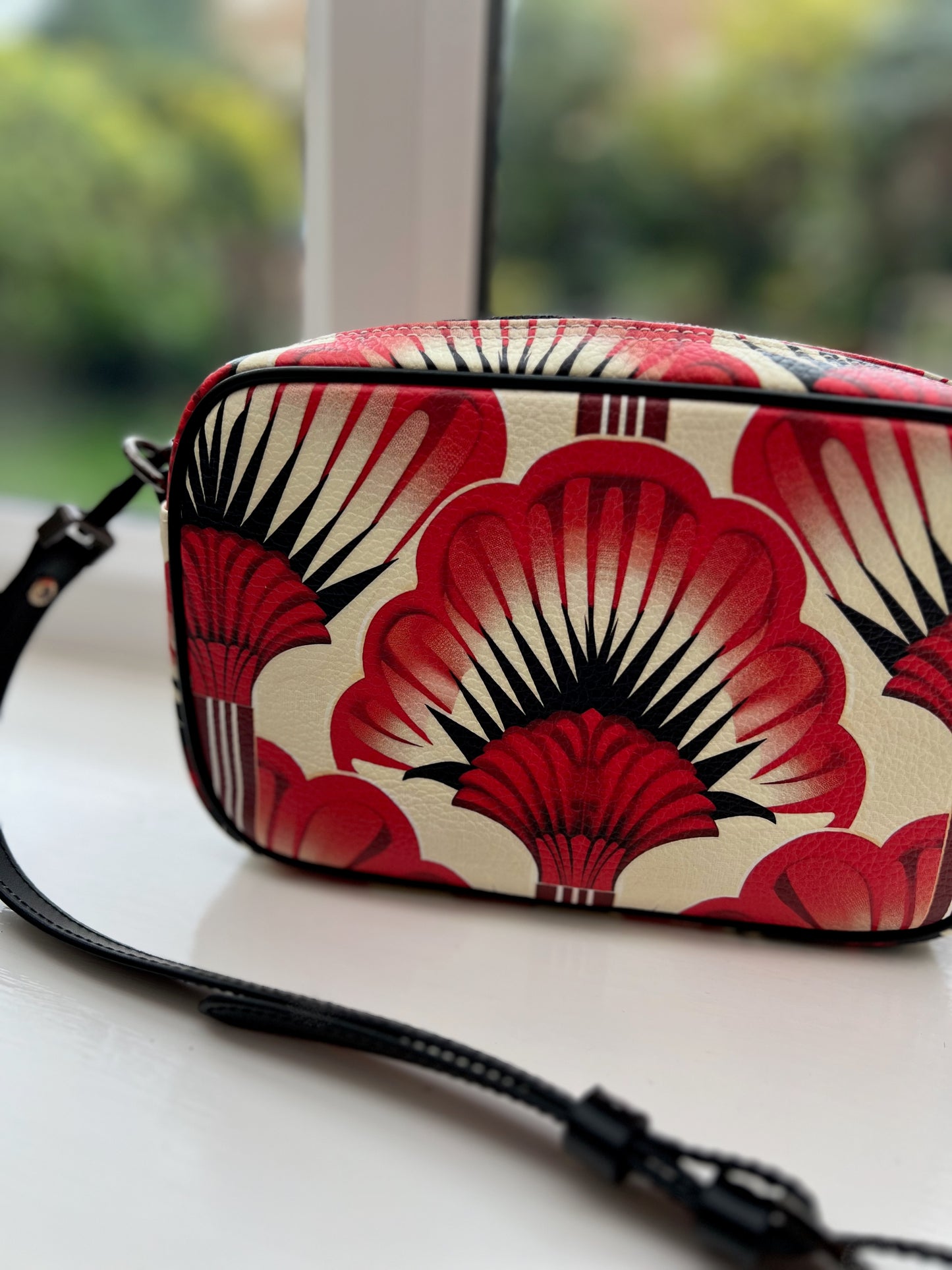Leather Camera Bag, Red Feather Fans - Jinty Designs