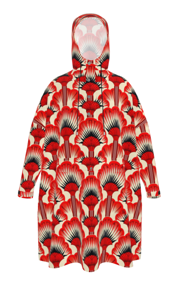 Pullover Rain Poncho, Red Feather Fans - Jinty Designs