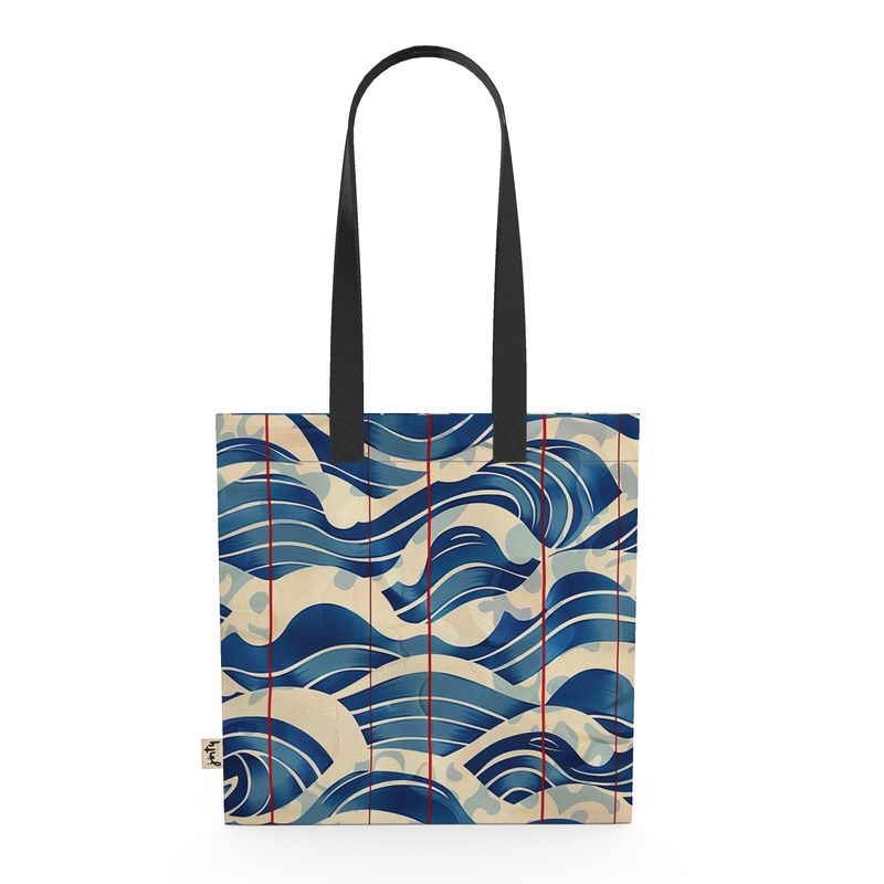 Organic Cotton Tote Bag, Blue Waves with Red Line