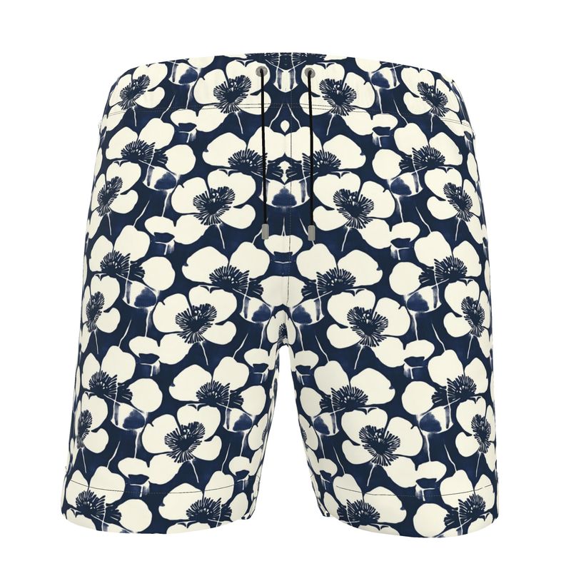 Men's Swim Shorts, Indigo Block Print Flower