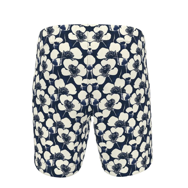 Men's Swim Shorts, Indigo Block Print Flower