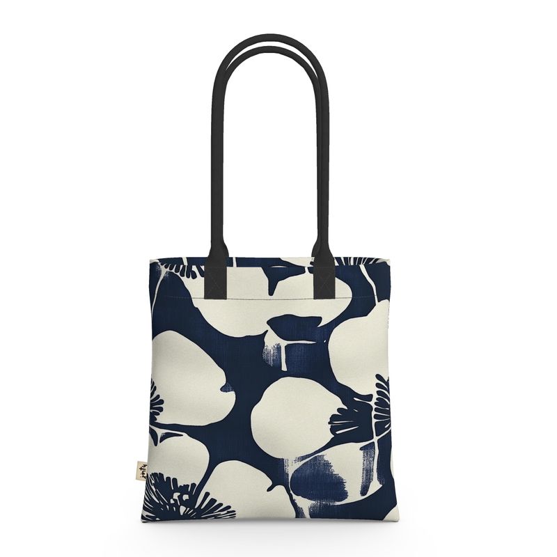 Tote Bag in Neoprene, Indigo Japanese Block Flowers