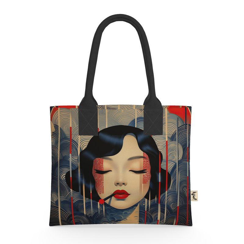 Mini Tote in Neoprene, Navy Waves Shanghai Girl