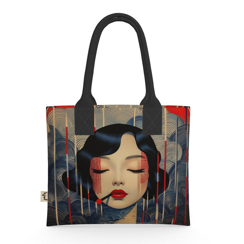 Mini Tote in Neoprene, Navy Waves Shanghai Girl