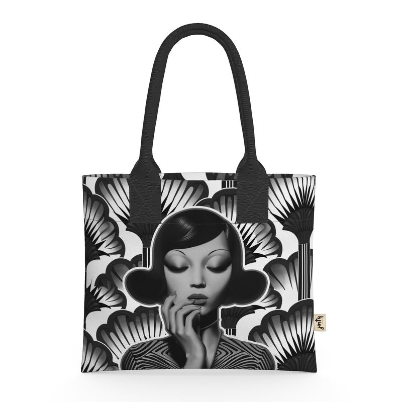 Mini Tote in Neoprene, Black and White Feather Fans - Jinty Designs